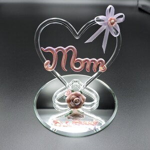 Hand Made Blown Glass Heart holding MOM and pink porcelain roses.