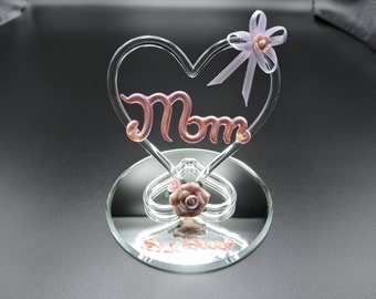 Hand Made Blown Glass Heart holding MOM and pink porcelain roses.