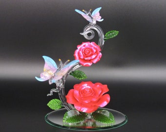 Hand Made Blown Glass Butterflies with Two Red and Glitter Roses