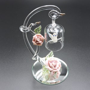 Handmade Glass Bird in Cage with Pink Porcelain Roses