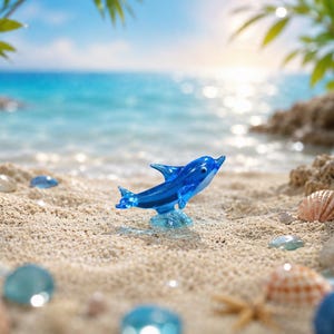 May include: A small, translucent blue glass dolphin figurine with a smooth, polished finish. The dolphin is depicted in a leaping pose, supported by a clear glass base that mimics the appearance of a splash of water, showcasing fine craftsmanship.