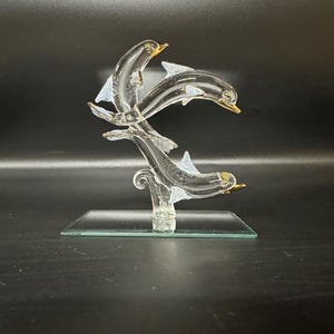 Handmade Glass Three Stacked Dolphins with 22K Gold Trim
