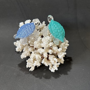 Handmade Blown Glass Sea Turtles on Brown Stem Coral