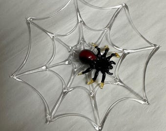 Handmade Blown Glass Mini Black Widow Spider and Glass Spider Web