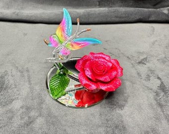 HandMade Glass Lampwork Butterfly on Red Rose