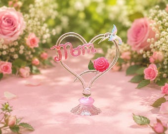 Hand Made glass heart with a pink glitter MOM, rose, and hummingbird