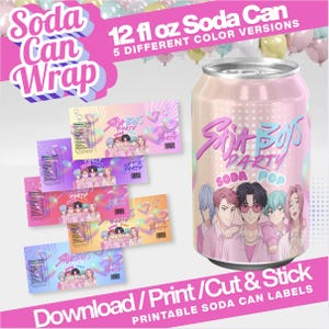 May include: A pink soda can with the text "SODA BOYS PARTY SODA POP" and anime-style characters. The image also shows printable soda can labels in various colours. The can is 355 ml.