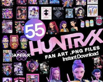 55 Huntrix Fan Art Bundle PNG Files, K-Pop Demon Hunters Merch Art, High-Resolution Art