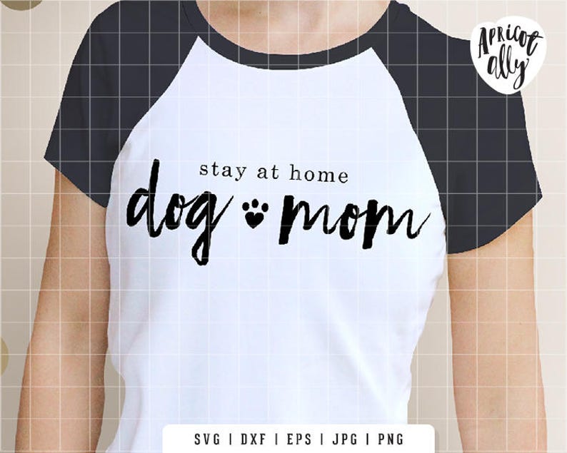 May include: White and black raglan style t-shirt with the text "stay at home dog mom" in black script. The shirt features a paw print graphic and the brand name "Apricot Ally".