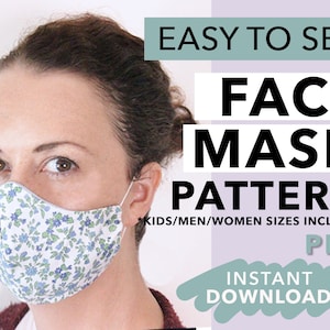 Op de afbeelding: Een vrouw draagt een bloemen gezichtsmasker. Het masker heeft een witte achtergrond met blauwe en groene bloempatronen. Tekst op de afbeelding luidt "EASY TO SEW FACE MASK PATTERN" en "*KIDS/MEN/WOMEN SIZES INCLUDED PDF INSTANT DOWNLOAD."