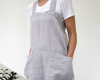 Linen Pinafore Apron. Cross back apron. Japanese style apron. No ties soft washed linen apron with pockets. Shristmas gift. Gift for mom