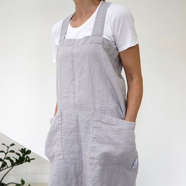 Linen Pinafore Apron. Cross back apron. Japanese style apron. No ties soft washed linen apron with pockets. Shristmas gift. Gift for mom
