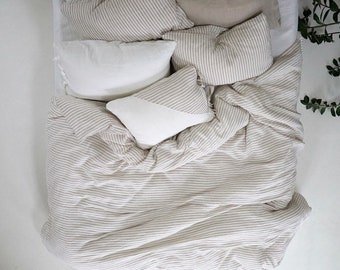 Funda nórdica de lino a rayas: ropa de cama de lino europeo lavada a la piedra, hecha a mano.