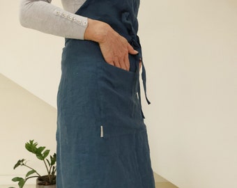 Linen Bib Apron. Full linen apron. Stonewashed linen apron for cooking, gardening. Full linen apron for women and man