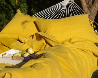 Linen Bedding Set in mustard (bright yellow) color. Linen duvet cover + 2 pillowcases. Handmade, softened linen bed set. 80 x 80"  Size