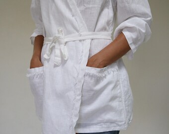 White Linen Bathrobe: Soft Stonewashed Linen Dressing Gown