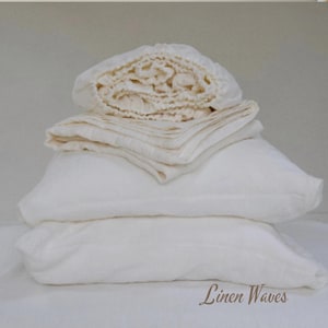 White Linen sheet. Various color. 2 pillow cases + fitted sheet + flat sheet. Linen Bedding. King, Queen, Custom bed sheets