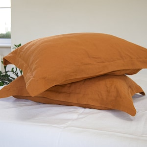 Oxford style linen pillow cover in cinnamon. Soft linen pillow sham with envelope closure. Standard, Queen, US King, Euro sham. Custom Sizes