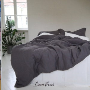 Linen Duvet Cover in charcoal. Stone washed linen bedding. Linen duvets. US King, Queen, Twin, Double size bed linens. Custom linen bedding
