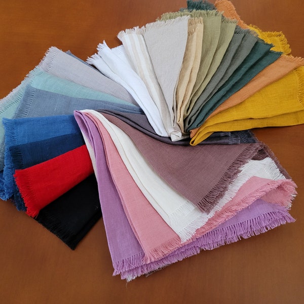 Various color linen napkins with fringe. Raw edge linen napkins set: 2, 4, 6, 8, 10, 12. Stonewashed linen napkins. Table decor. Table linen