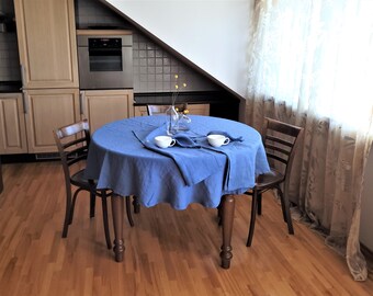 Round, Square, Rectangular Tablecloth in blue. Various color available. Softened linen. Vintage tablecloth. Custom size. Width up 92"/235cm)