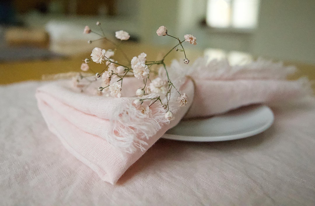 Light Pink Linen Napkins With Fringe. Raw Edge Linen Napkins Etsy