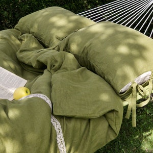 Linen Bedding Set in moss green. Quilt duvet cover + 2 pillowcases. Handmade, softened, washed linen bedding set. 80x80&quot; / 203x203 cm