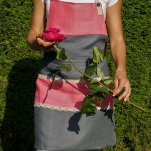 NEW Linen Apron striped in pink and blue color with gray lace. Handmade, washed linen bib apron with contrast straps. Retro apron for women
