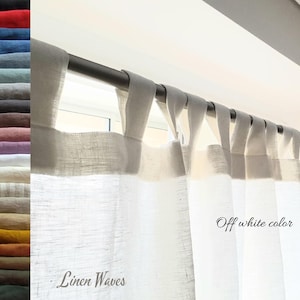 Tab top linen curtain panel in white. Semi sheer linen drapes in custom size. Window, door curtain. Width 55&quot;(140 cm), 91&quot; (230 cm)