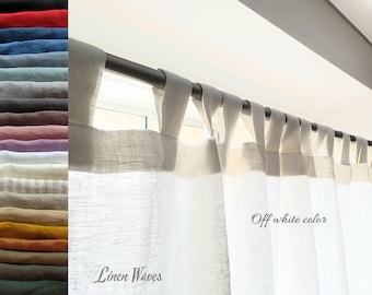 May include: Off-white linen curtains suspended from a dark rod. The curtains are made of a light, textured fabric and are labeled "Linen Waves" and "Off white color". A colour swatch of linen fabric is on the left.