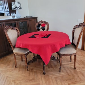 Red linen tablecloth. Handmade, softened linen table cover. Round, rectangular Table decor. Table linen. Custom sizes