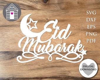 Adorno para tarta Eid Mubarak SVG para corte láser, archivo digital para Cricut, adorno para tarta DIY con luna y estrellas