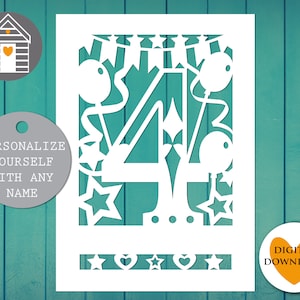SVG 4th Happy Birthday Card / File di taglio digitale - EPS - PNG - Dxf - File PDF / Crea la tua carta e personalizzala con Cricut / Design Papercut / 4