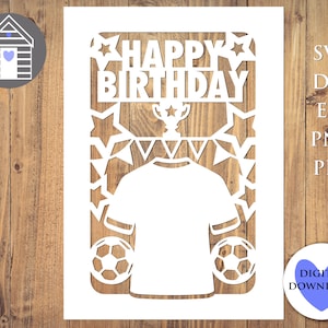 SVG voetbalshirt Happy Birthday kaart digitaal gesneden bestand - EPS-PNG-Dxf-bestand Diy Papercut kaart ontwerpsjabloon Lasergesneden Cricut Project