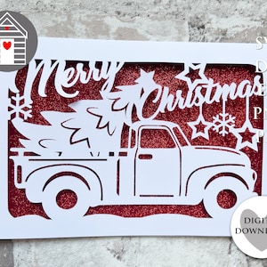 SVG Merry Christmas Baum Xmas LKW Karte Schnittdatei EPS Png Dxf Pdf Datei DIY Bauernhaus Diy Karte Cricut Vorlage Laser Papierschnitt Plotter