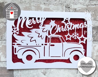 Christmas Card SVG Farmhouse Truck Christmas Tree Cricut Papercut Laser Cut Template