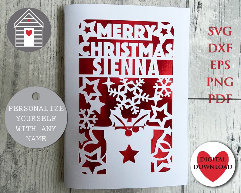 May include: A white card with a red cutout design featuring the words "Merry Christmas Sienna" and snowflakes. The card is surrounded by a white border and has a digital download label in the bottom right corner.