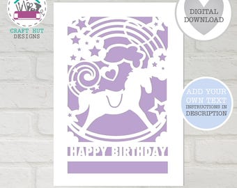 Happy Birthday Rocking Horse Card SVG DIY Child Birthday Card Laser Cut Carousel Design