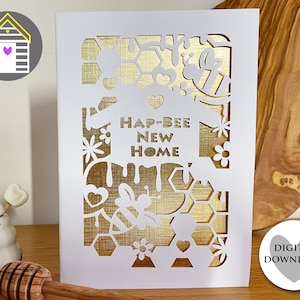 Carte SVG Hap-Bee - carte Happy New Home pour les amateurs d'abeilles - fichier numérique - EPS - fichier PNG-Dxf - carte de voeux - créez le vôtre