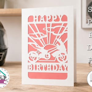Tarjeta de cumpleaños de moto SVG Plantilla de diseño personalizado para recortar en papel con temática de motociclista para láser y Cricut