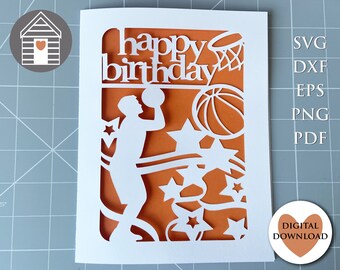 Basketball Happy Birthday Card SVG Cut File Sports Themed Template for Laser Cutting Machine Cricut Silhouette