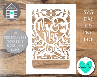 Personalized Mr & Mrs Wedding Card SVG Laser Cut Template Customizable Anniversary Card for Cricut Silhouette Cutting Machines