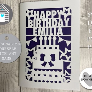 Plantilla de tarjeta SVG con forma de pastel de feliz cumpleaños / Personalice su tarjeta / Archivo de corte digital - Archivo EPS - PNG - Dxf - Pdf / Cree su propia tarjeta de corte en papel