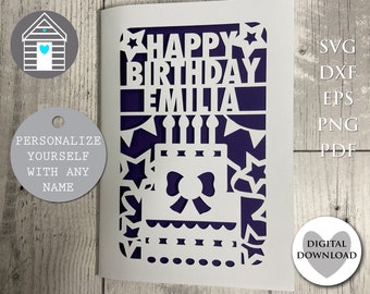 Modello di biglietto di auguri per torta di buon compleanno in formato SVG, file digitale tagliato al laser, biglietto di auguri personalizzato, carta tagliata fai da te