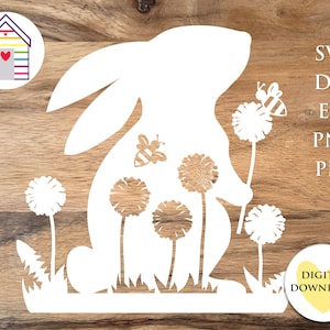 SVG Coniglio primaverile con tarassaco e ape - Coniglietto pasquale con fiori - File di taglio digitale - EPS - PNG - File Dxf - Festa della mamma - Coniglio carino