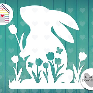 SVG Coniglio primaverile con tulipani - Coniglietto pasquale con fiori - File di taglio digitale - File EPS - PNG - Dxf - Festa della mamma - San Valentino