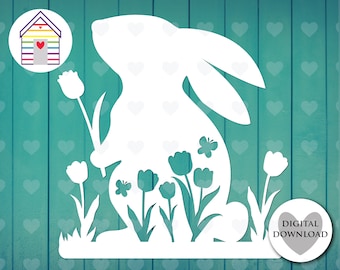 Spring Rabbit with Tulips SVG Easter Bunny and Flowers Laser Cut File Cricut Project