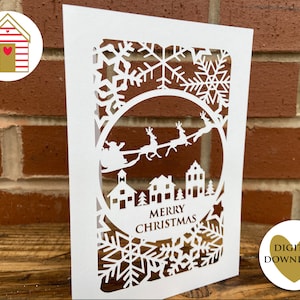 SVG Frohe Weihnachten Dorf Karte Schnittdatei EPS PNG Dxf Pdf Dxf Datei Weihnachtsmann Pferdeschlitten Schneeflocke Design Vorlage Cricut Laser Cut Plotterdatei