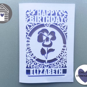Fleur de février, mois de naissance, SVG - Violet | Personnalisez votre carte Papercut | Fichier numérique découpé-EPS-PNG-Dxf-Pdf | Carte Joyeux anniversaire