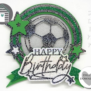 SVG 3D ハッピーバースデー サッカー ケーキ トッパー - Cricut またはカッティング マシン用カット ファイル - Eps - Dxf - PNG - カード トッパー - フットボール ファン